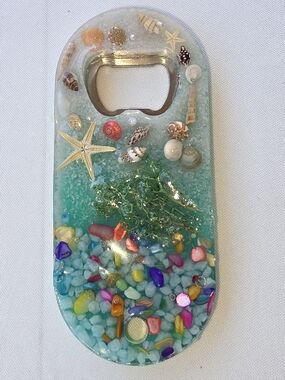 Beachy Resin Bottle Opener with Shells and Turquoise Base